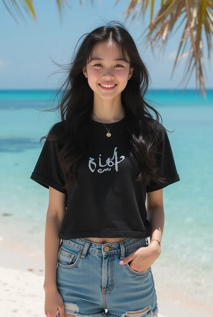 Ela beautiful Korean girl with white face Red blush natural blush face with sweet laughing face facing the camera with wavy curls black hair shiny black hair ends curled straight hair 2 left right unique wearing shirt plain t-shirt black color with inscrip...