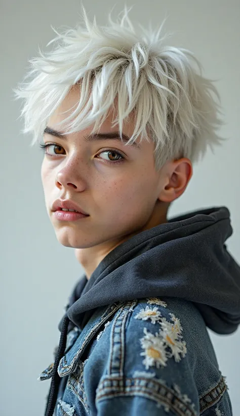 boy with white dyed hair and brown eyes, and dressed in 2 e-boy clothes 