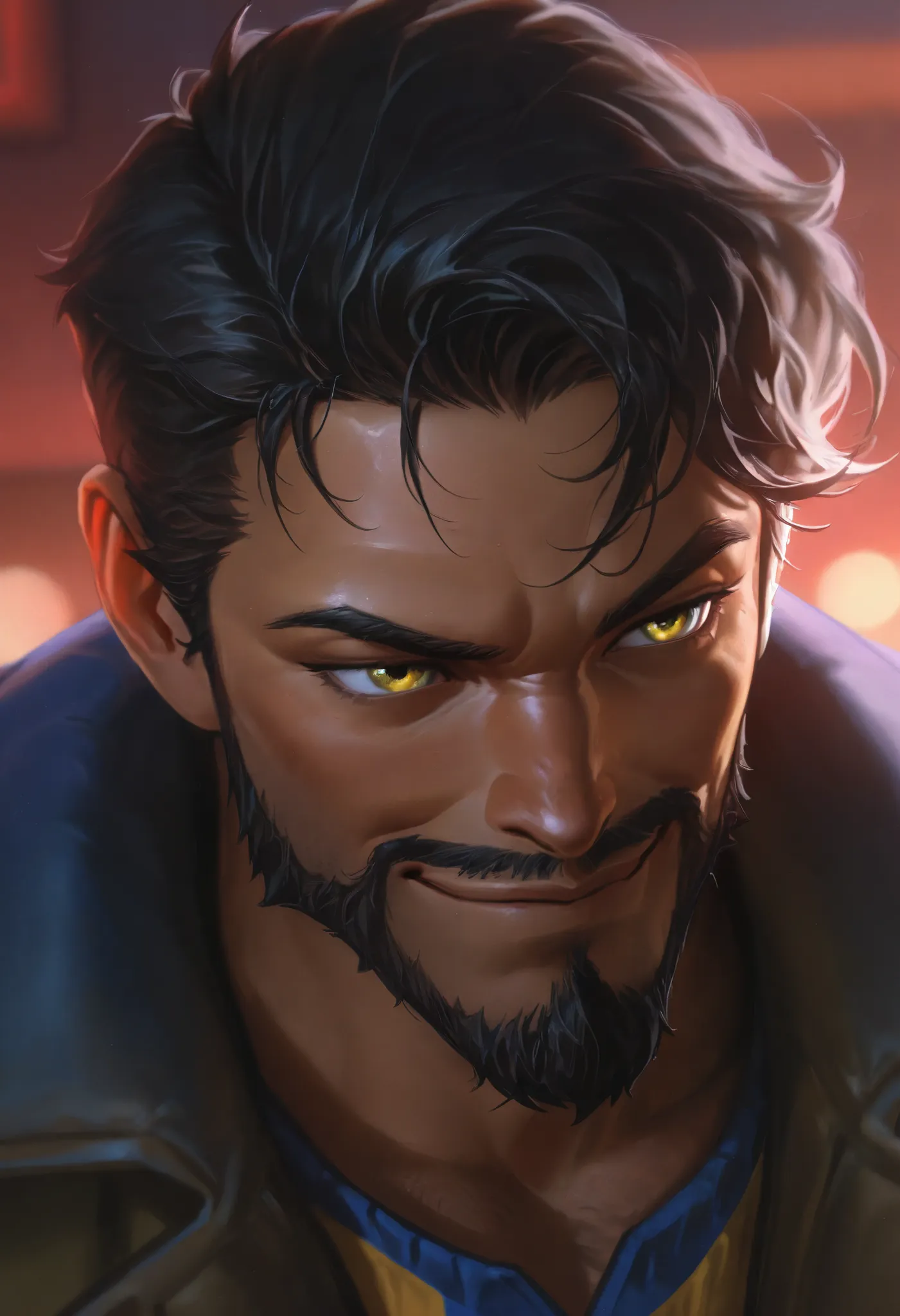 best quality, masterpiece (quality), L0LSPL4SH, year2024, year2023, West Studio, sixmorevodka, portrait, 1male, 35 years old, facial hair, curled black hair, soft gaze, smile, yellow eyes, wearing a militar outfit,