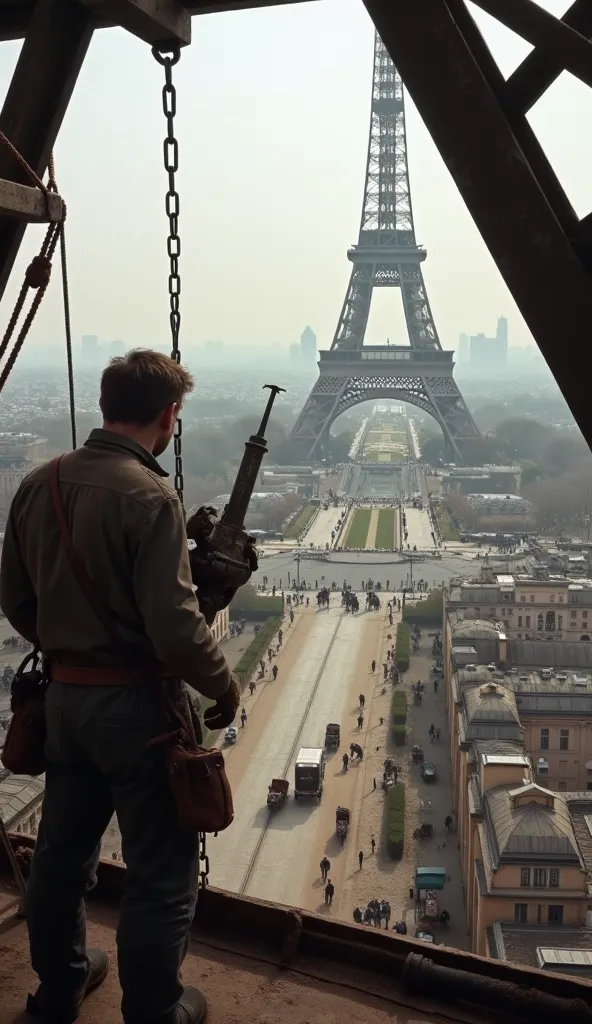 POV of a worker standing on a high scaffold, looking down at colleagues assembling the iron lattice of the Eiffel Tower. The city of Paris sprawls below, with horse-drawn carriages navigating the streets. The worker's gloved hands grip a rivet gun, and the...