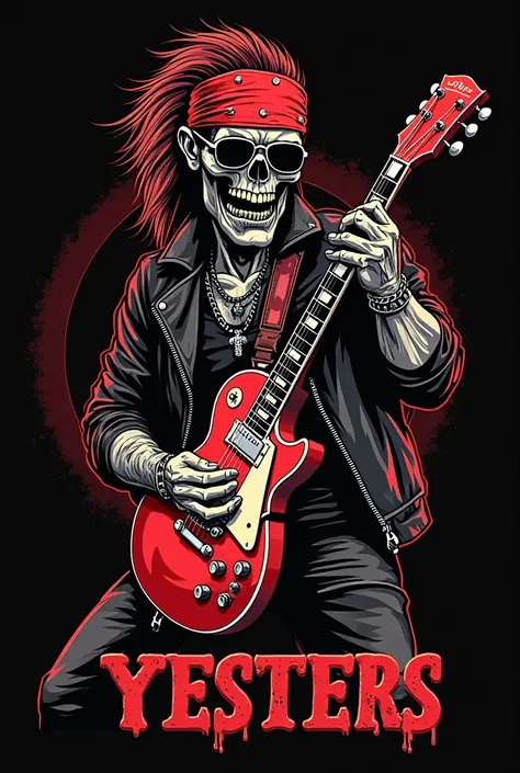 Logo for a rock band/Metal call "Yesters" with a Zombie metal guitarist, only with a Les Paul Red Bordo, Hair with Mullet Cut, black glasses, Red Rocker Bandana on the forehead,  leather jacket , Chain bracelet , on black background, including the name of ...