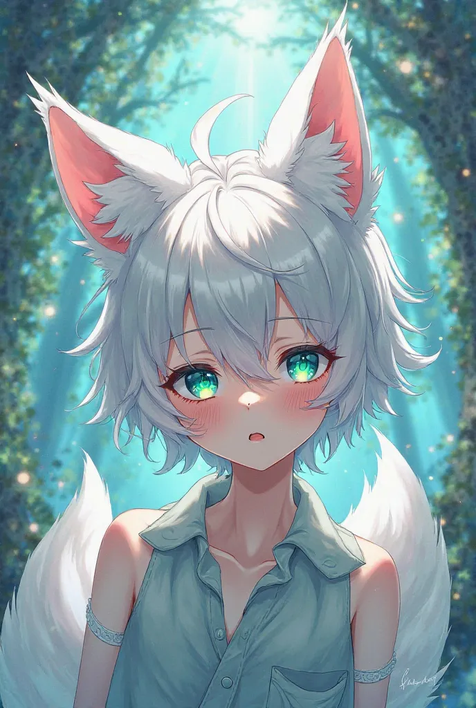 Make an anime boy with fox ears , white-haired and teal eyes, 