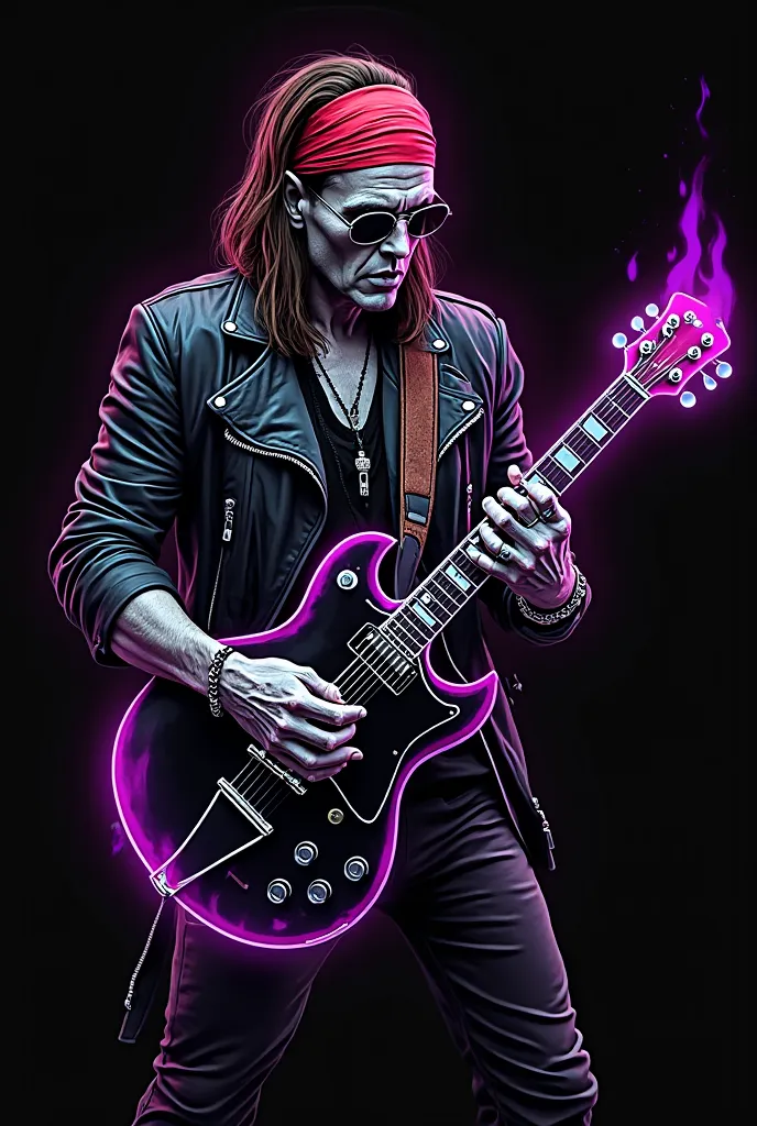 Logo for a rock band/Metal call "Yesters" with a Zombie metal guitarist, only with a black SG with Violet flames, Hair with Mullet Cut (Jopo and the semi-shaved sides) not very long dark brown, black glasses, Red Bandana on the forehead,  leather jacket , ...