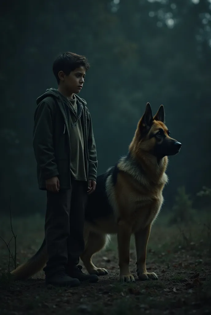 Cinematic film still Boy with Germen shepard dog , Dark background