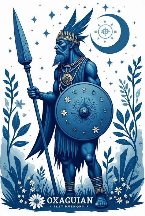 an illustration of Oxaguian with a spear or a shield, surrounded by elements of nature, such as trees and flowers, which represent his connection with the earth. The predominant colors can be blue and white, which are often associated with it. Furthermore,...