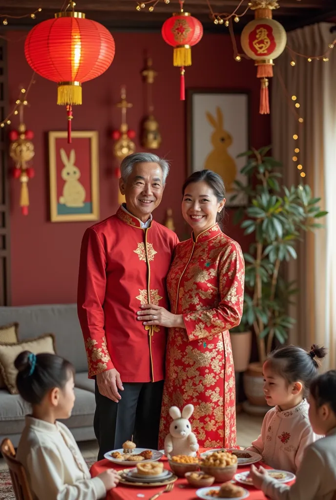 "A loving couple in their 40s stands together in a warmly decorated living room, celebrating the Chinese New Year with their small family. They both wear traditional Chinese New Year outfits in red and gold, symbolizing prosperity and happiness. The room i...