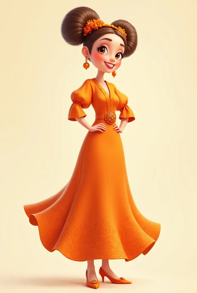 Create a 2d tall cartoon girl with orange color dress with circle sleeves and orange heels with orange color earrings and brown buns hair with orange headpiece make her adult make her long dress detailed 