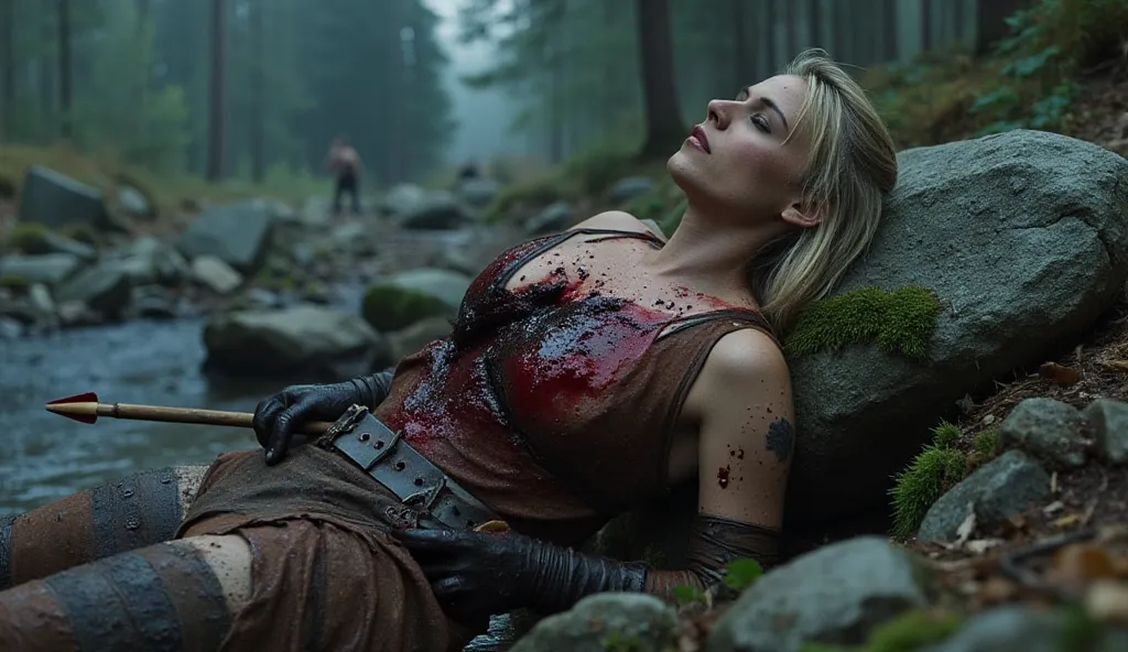 bloodied and mortally wounded blonde Viking female warrior  with  ancient wooden arrows plunged deep in the center of her  chest , the arrows are embeded in her chest, the arrows are sticking in her chest. The arrows have penetrated her chest. She has been...