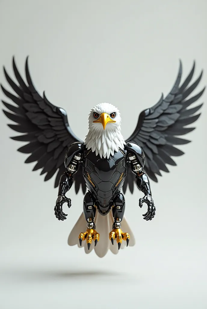 SUPER REAL, chibi, android in the shape of a bald eagle, one bald eagle, bald eagle depicted in its entirety, wings rather large, gliding, head and tail white metallic, body black metallic, beak and feet gold,3d. No background, margins present.