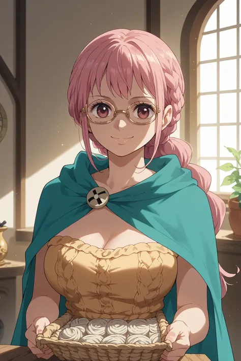 Rebecca,1 girl,Alone,pink hair,long hair,pink eye,knitting glasses,big breasts,,Cape,upper body, Chest, viewers after shaving armpit hair, smile,indoors