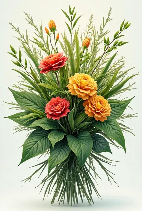 boquet of green leaves with red and yellow flowers