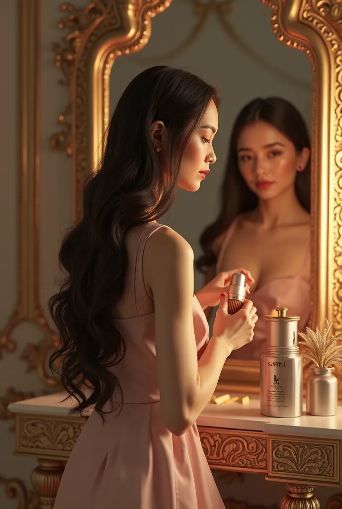 "A Peruvian woman with smooth, straight hair illuminated by soft, radiant lighting as she brushes her glossy locks in front of an ornate mirror. The Karsell hair care set is elegantly displayed on the table beside her, its refined design complementing the ...