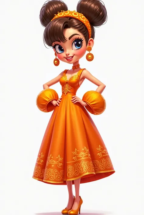 Create a 2d tall cartoon girl with orange color dress with circle sleeves and orange heels with orange color earrings and brown buns hair with orange headpiece make her adult make her long dress detailed make her beauty so bold 