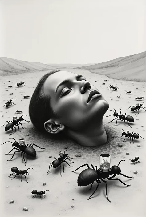 A surrealistic charcoal drawing, in black and white, Of a head buried in the middle of the desert, surrounded by ants with hourglasses on their heads, And scorpions and beetles all around you