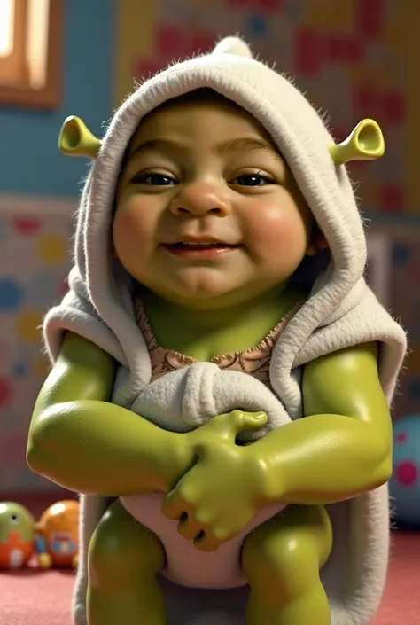 Create a realistic and adorable image of a smiling Shrek baby, wrapped in a soft and fluffy light-colored bath towel, like white or baby blue, which contrasts with his bright, light-green skin. Baby Shrek has raised features, with plump cheeks, big round a...