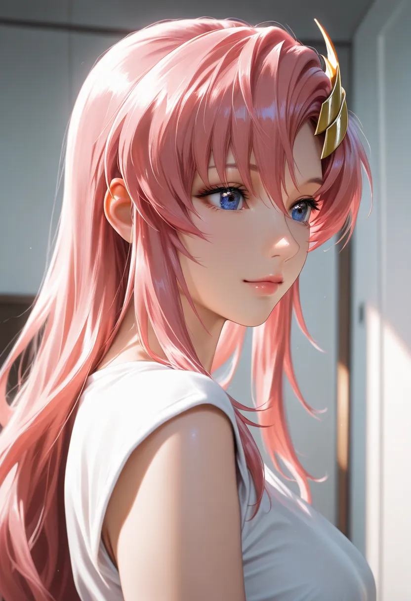 masterpiece, best quality, vibrant, very aesthetic, high contrast, photorealistic portrait,beautiful detailed face,detailed texture,detailed skin, newest, 1girl,gundam seed,source_gundam seed,lacus clyne,shirt,room,realistic lighting
