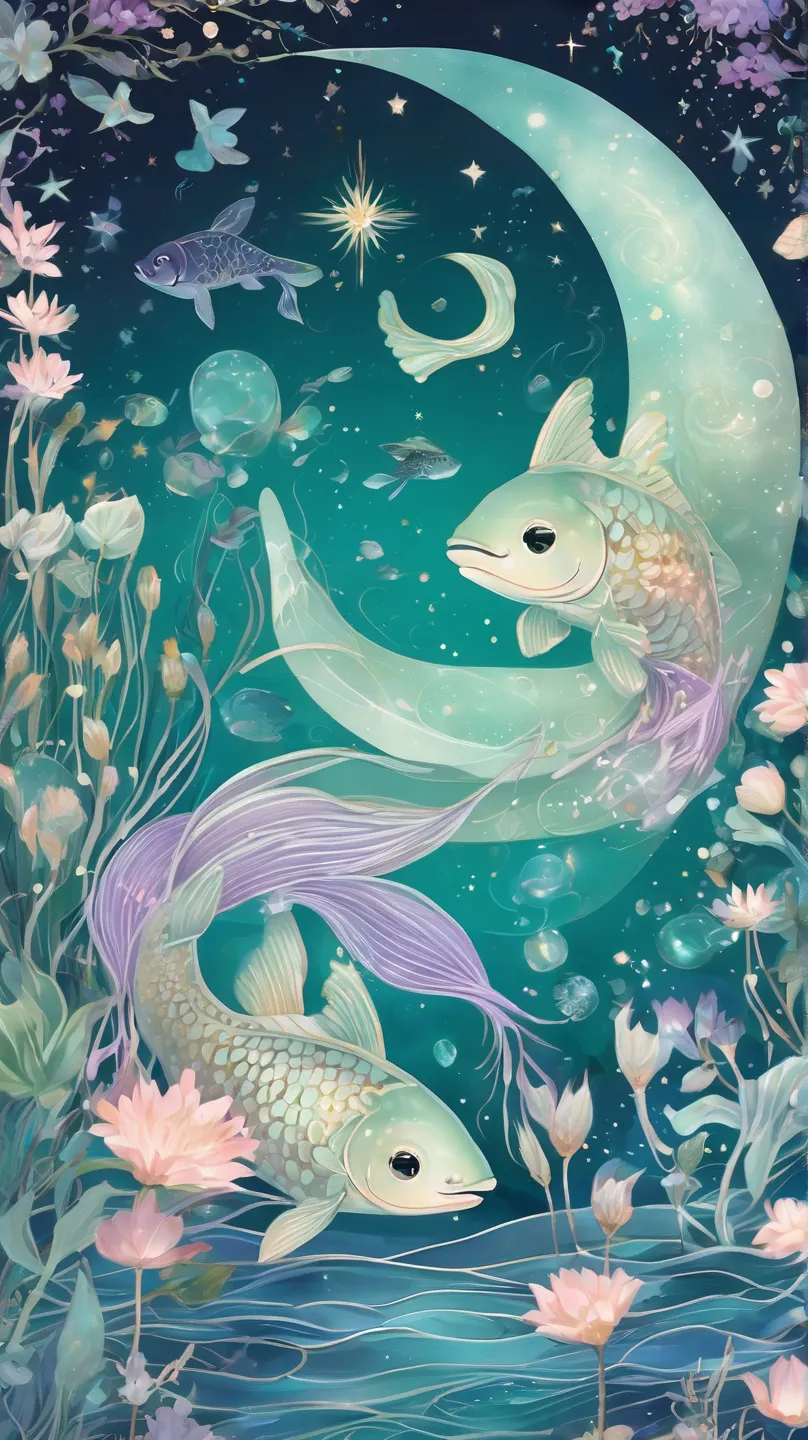 A dreamy, pastel-themed illustration representing the Pisces zodiac sign. The scene features celestial elements such as glowing stars, a radiant full moon, and ethereal underwater waves. Highlight Pisces-specific motifs like two gracefully intertwined fish...