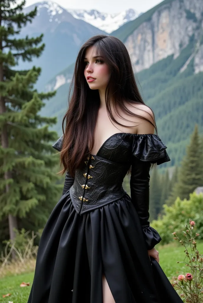 
arafed woman in a black dress posing in the woods, in the mountains, in mountains, in front of a forest background, trees in the background, yelena belova, in forest, anna nikonova aka newmilky, forest in the background, forrest in the background, in wood...