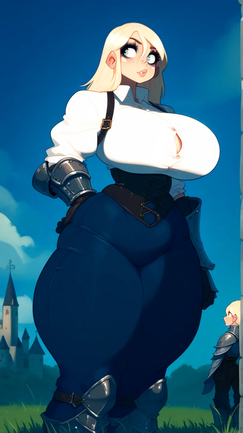 Score_9, Score_8_up, Score_7_up, Score_6_up, Score_5_up, Score_4_up, medieval fantasy, mature knight commander woman, armored woman, huge breasts, corset, white shirt, muscular woman, standing in grass field, long blonde hair, pauldrons, gauntlets, castle ...