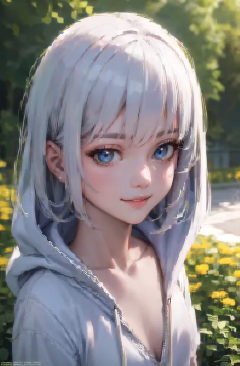 Urban background,anime girl ,normal breasts ,blue eyes, short white hair, wearing a white hoodie