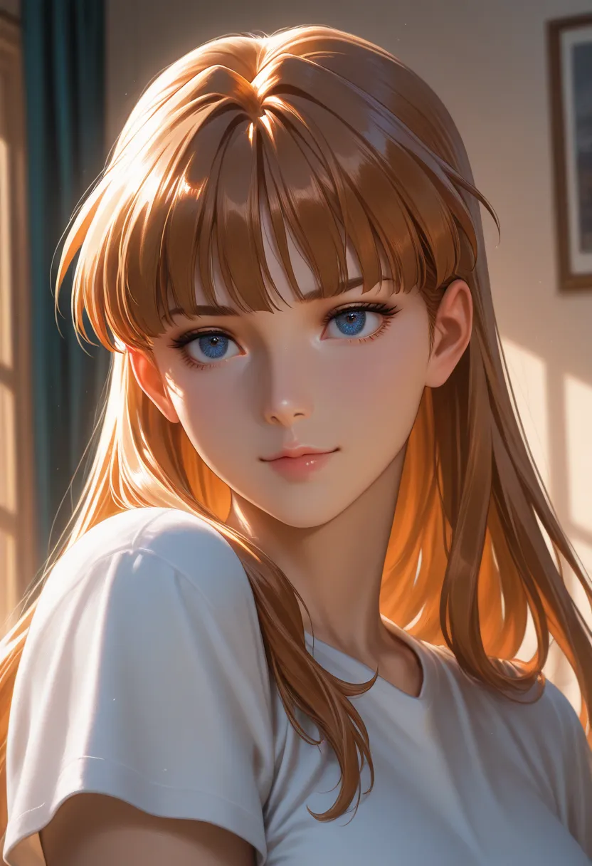 masterpiece, best quality, vibrant, very aesthetic, high contrast, photorealistic portrait,beautiful detailed face,detailed texture,detailed skin, newest, 1girl,gundam wing,source_gundam wing,Relena Darlian,shirt,room,realistic lighting
