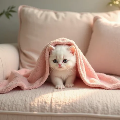 A cute fluffy kitten appears waddling out of a crumpled bath towel placed haphazardly on the sofa, pastel shades