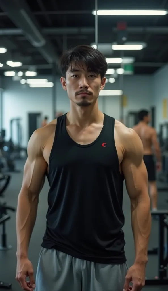  the background is a sports gym、 training area 。  
Japanese man in his 30s、Short Hair、sportswear（black tank top、gray shorts）。  
doing workout in front of a mirror、To people around「Aren't I amazing？」I waited for the face 。  
other users have subtle expressi...