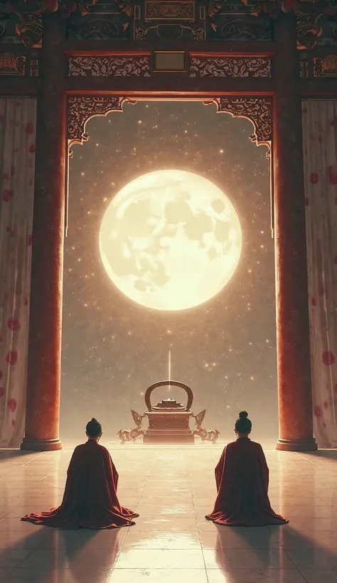 A vast high hall with a bright, round moon reflecting in a large, ancient bronze mirror. In the center, two elderly women kneel deeply, their upper bodies bowed forward until their foreheads touch the floor, hands resting flat in front of them in a gesture...