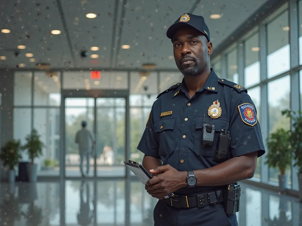 A realistic 4K image of a Black security guard standing at the entrance of a modern building. The guard is wearing a professional security uniform with a badge, walkie-talkie, and cap, holding a clipboard or monitoring the surroundings. The environment is ...