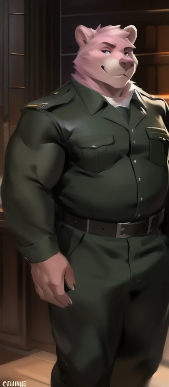 Solo, man big Tall,model tall, huge​ body,​standing, den,Pink bear , black green Army uniform, overweight, muscular, smirking, by chunie​