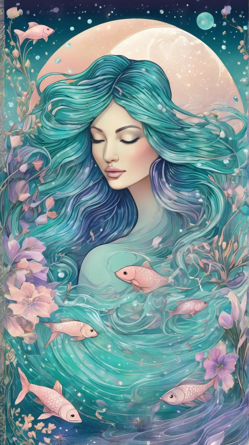 A dreamy, pastel-themed illustration representing the Pisces zodiac sign. The scene features celestial elements such as glowing stars, a radiant full moon, and ethereal underwater waves. Highlight Pisces-specific motifs like two gracefully intertwined fish...