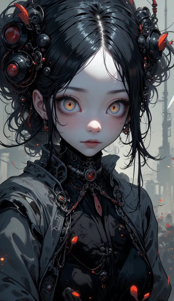 High Quality Textures { x} Details Beautiful and Delicate Eyes、high image quality、top quality、exhaustive、 Tim Burton style、It depicts a young woman、 gothic costume 、 cute、anime style、