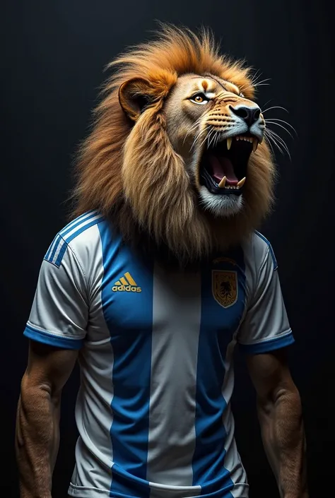 A wallpaper of an animal that is a lion with a dark, black background with nothing behind it and the lion has to be roaring, And the lion must also have the Argentine shirt on