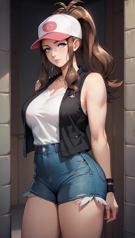 score_9, score_7_up, score_6_up, source_anime, mature female, milf, 1girl, hilda (pokemon), blue eyes, brown hair, solo, ponytail, long hair, curvy, baseball cap, black vest, sleeveless, white shirt, black wrist bands, blue shorts, denim, shorts