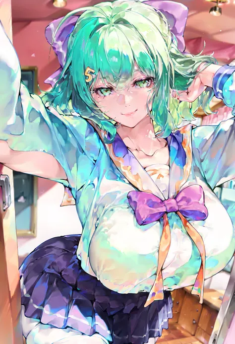 (best quality), (ultra-detailed), (masterpiece, best quality:1.3), 1female, adult, Masterpiece, Best Quality, hi res,hd, detailed 1girl,anime, mature female, indoors, smile, age 30 - 40,curvy, busty,thick, huge breast, mature face,milf, mother, NSFW,short ...