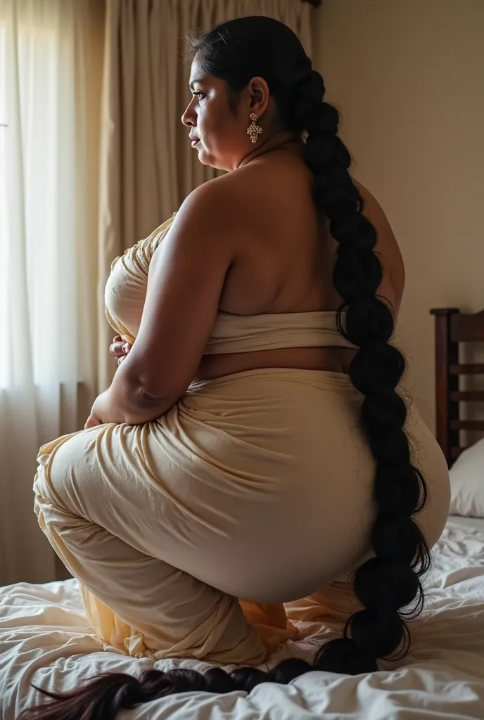 Side view, a tall 50 year old plus size chubby extremely hourglass figured giantess indian Telugu woman, doing squats excercise for Big buttocks, on bed, Big ass visible through saree, she is wearing body tight transparent saree, big ass visible in skin ti...