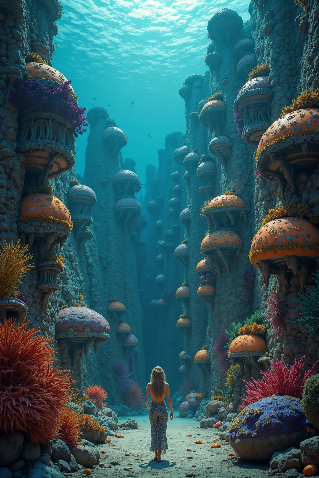 A city under the sea, it has large colorful coral buildings with dome styles, kelps are grown decoratively Eldritch fish women f exquisite beauty drift along the lanes, crabs scavenge n the alleyways, the woman is a lovely nightmare, sexy and dangerous
