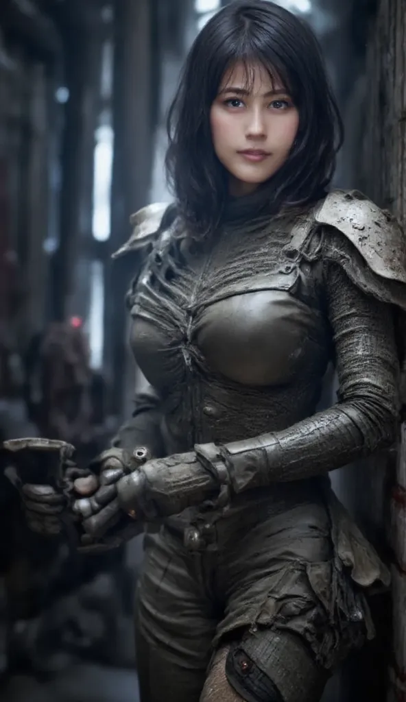 (( short bob cut hair  ))、 full body,   beautiful, Heavily armed,   wears heavy armored suits in a combat spaceship , BATTLE FORM   , Show a sturdy face,    fires a weapon inside her advanced weapon 、 Female Soldiers with Asian Characteristics, Kevlar Blac...