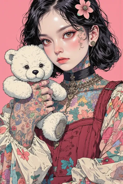   Gothic Lolita Woman Holds Teddy Bear, tattoo,Holding a teddy bear、feminine gothic aesthetics  , Close up details, Detail shot,   with clear details ,   Artie Love Blow Style , Silkscreen Art ,  Closeup Photo ,  extra fine ink details  ,   silkscreen prin...