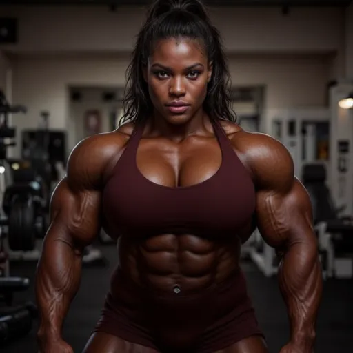 Beautiful (african:1.5)muscle mommy that is lifting weights in a gym, sweaty, looking at viewer with an intense expression, Ebony Girl,Ponytail,Black Hair, High Resolution, 1girl, Solo, Realism, 