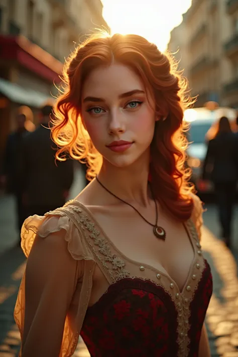 A stunning shot of a redhead woman in a vintage-inspired French outfit. She is walking down the busy street in Paris, surrounded by loads of people. The atmosphere is bright and intimate, with golden hues of the sun shining. The rays are captured on her fa...