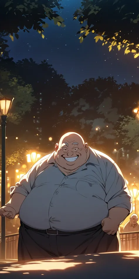 Fat, bald old man, park at night, grinning face, shadows around the eyes