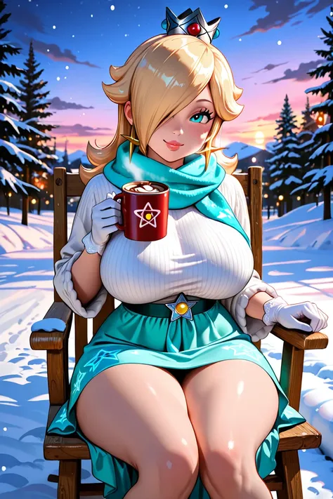 Rosalina,  yellow hair, turquoise eyes, Big breasts,  thin, thick thighs, large butt,seductive look at the viewer, mischievous smile skirt, dusk, low light, snow, Ultra quality background cabins, You can see a lot of details,  pretty face, bright eyes,mode...