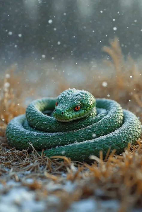 "A thin green snake lies curled up on dry grass, shivering from the cold. Small frost particles are visible on its body. Its eyes show desperation, and it looks weak and helpless."