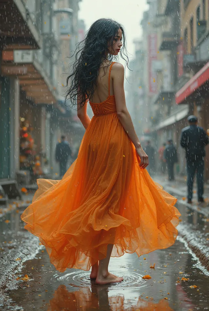 Beautiful, long-haired, black and white girl wearing an orange dress in a puddle on the street