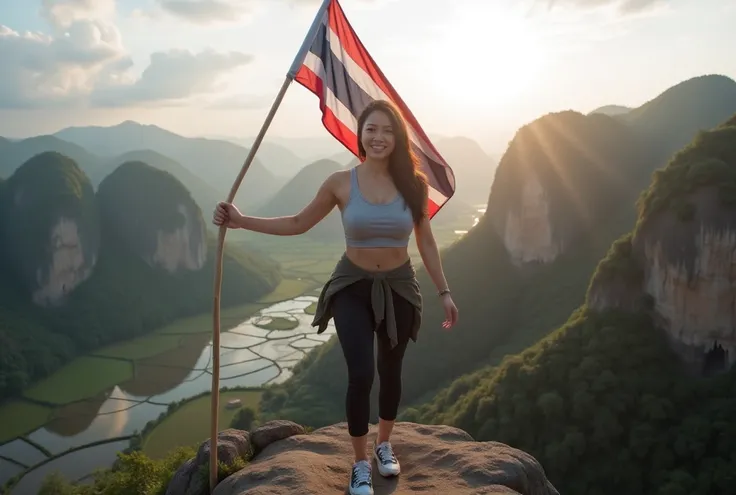 Aerial drone shot, focusing on the subject. It is a picture of a tanned Thai woman with a sharp face, long dark brown hair, a beautiful, slim, tall figure, beautiful legs, big breasts and a plump butt, standing facing the camera on the highest point of a t...