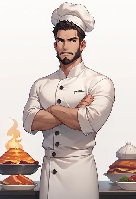 chef, white cook clothes, thin black beard, cook hat, crossed arms,  white background