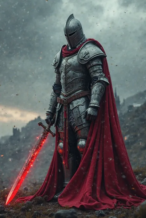 "A powerful medieval warrior with silver armor, a flowing red cape, and a glowing magical sword, standing on a battlefield with a stormy sky, cinematic lighting, ultra-detailed, highly realistic, 4K resolution, masterpiece, dramatic atmosphere."