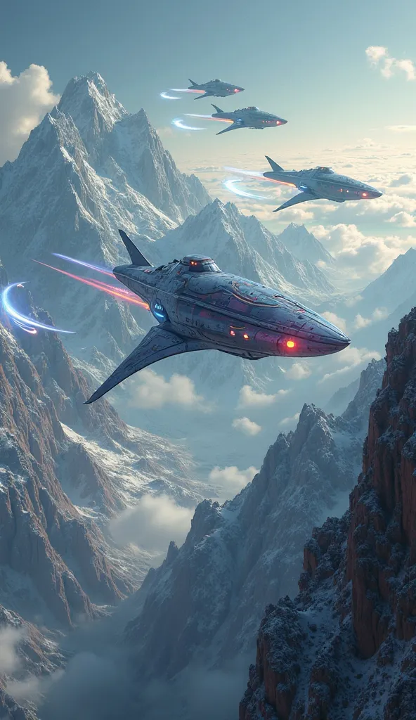 Alien ships with vibrant light flying above a mountain 