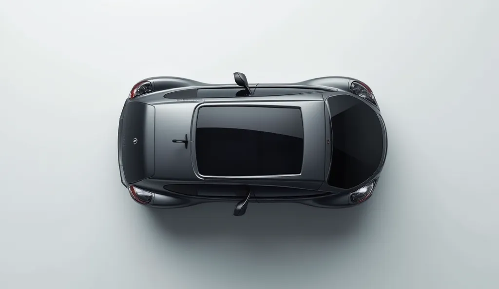 "A top-down view of the 2025 Bajaj Qute, revealing its compact roof design, sunroof (if available), and aerodynamic structure. The image highlights the overall shape of the vehicle, with a slight curvature towards the edges. The setting is a plain, neutral...